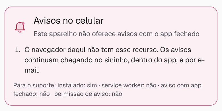 O bloco Avisos no celular dizendo que o aparelho nao oferece o recurso, com o rodape de suporte mostrando service worker nao