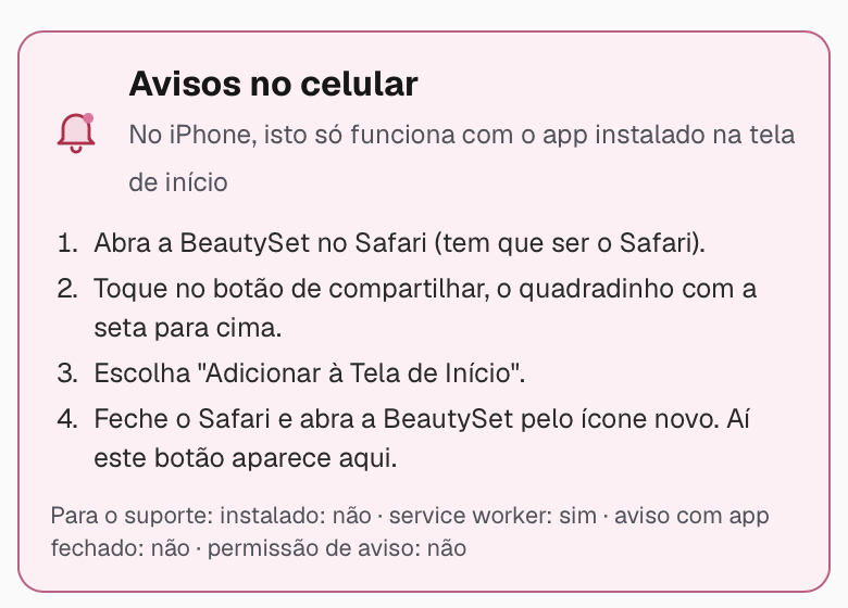 O mesmo bloco aberto numa aba normal do Safari, com o rodape de suporte mostrando service worker sim