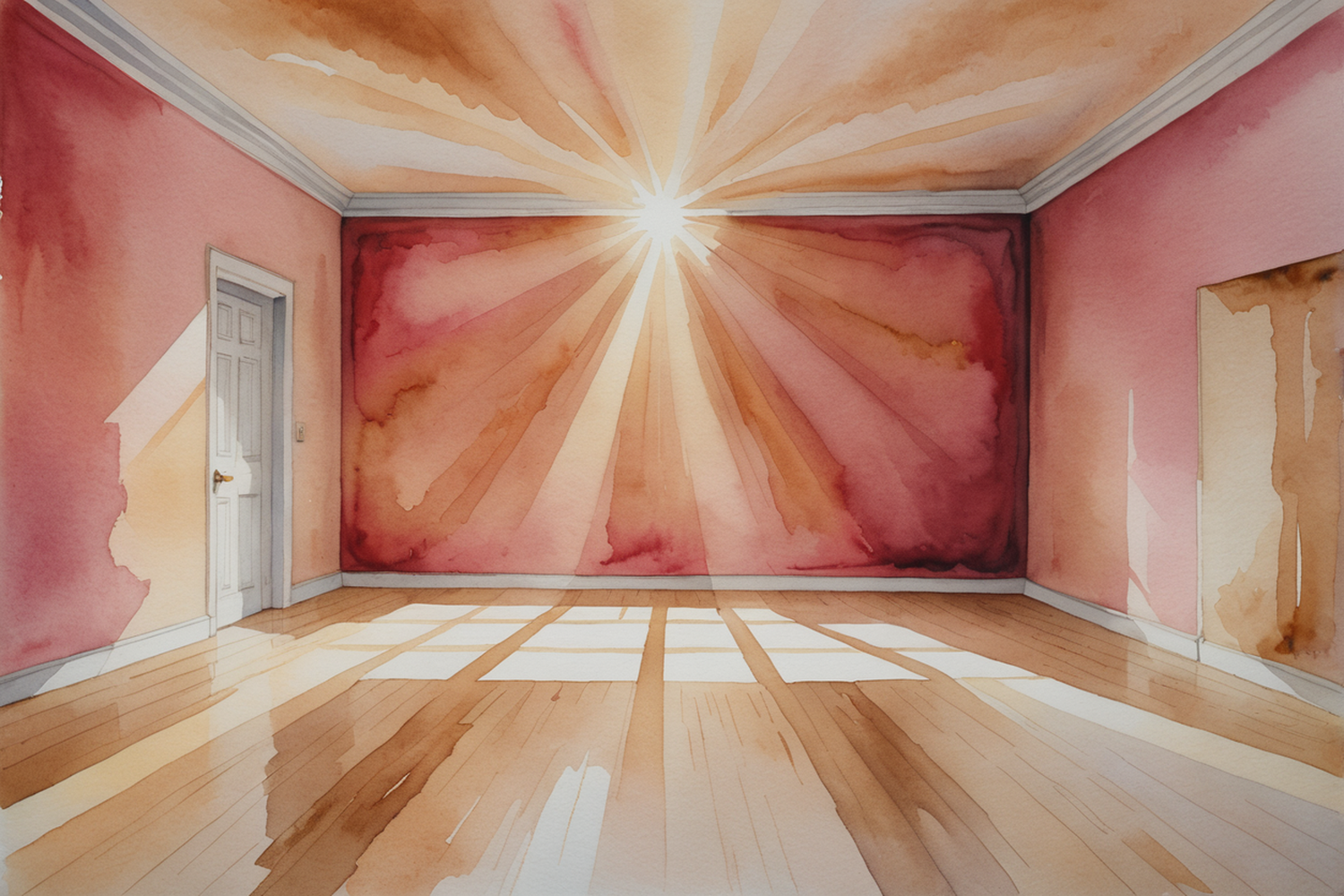 Uma sala vazia de paredes cor de framboesa com um ponto de luz forte na parede do fundo, de onde os feixes se abrem sobre o teto e o assoalho