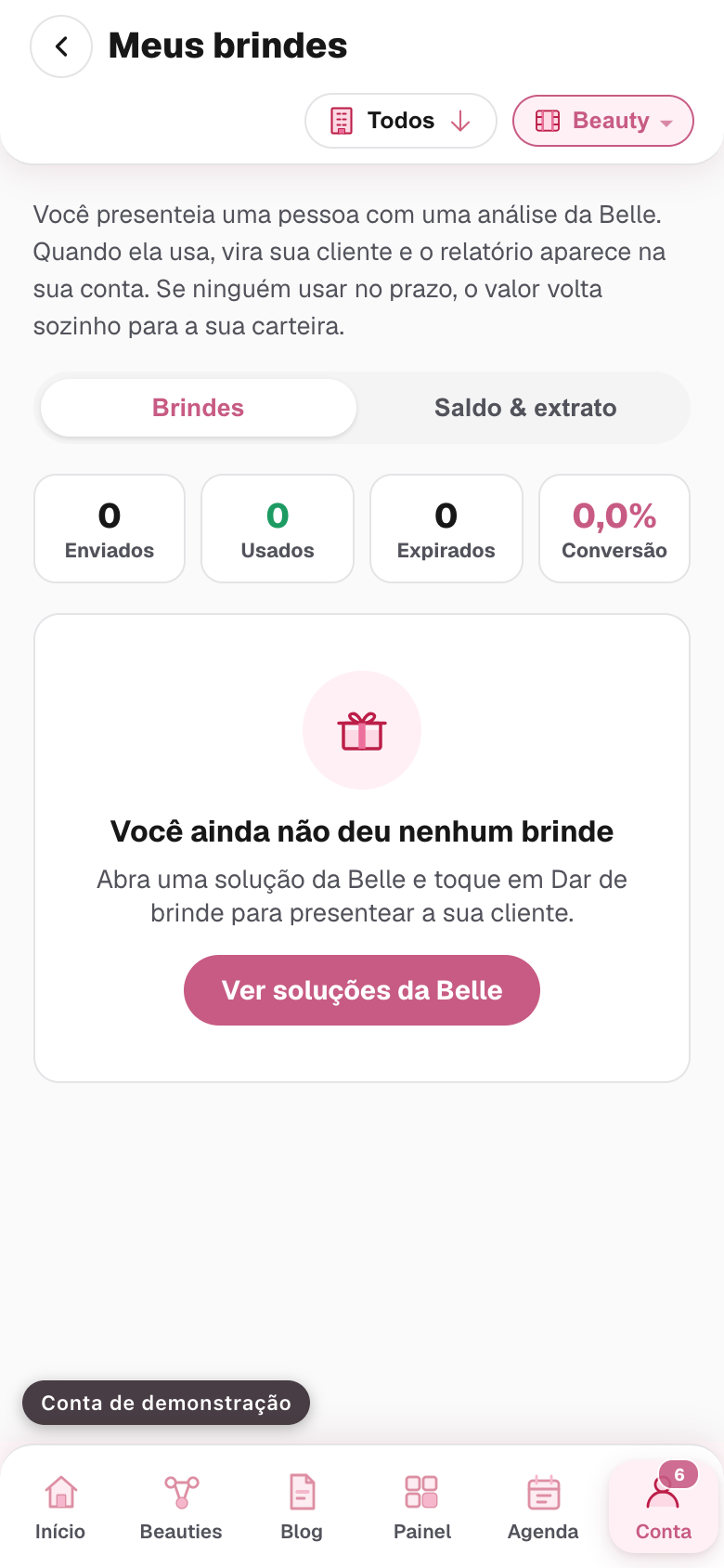 a tela Meus brindes com o placar de enviados, usados, expirados e conversão