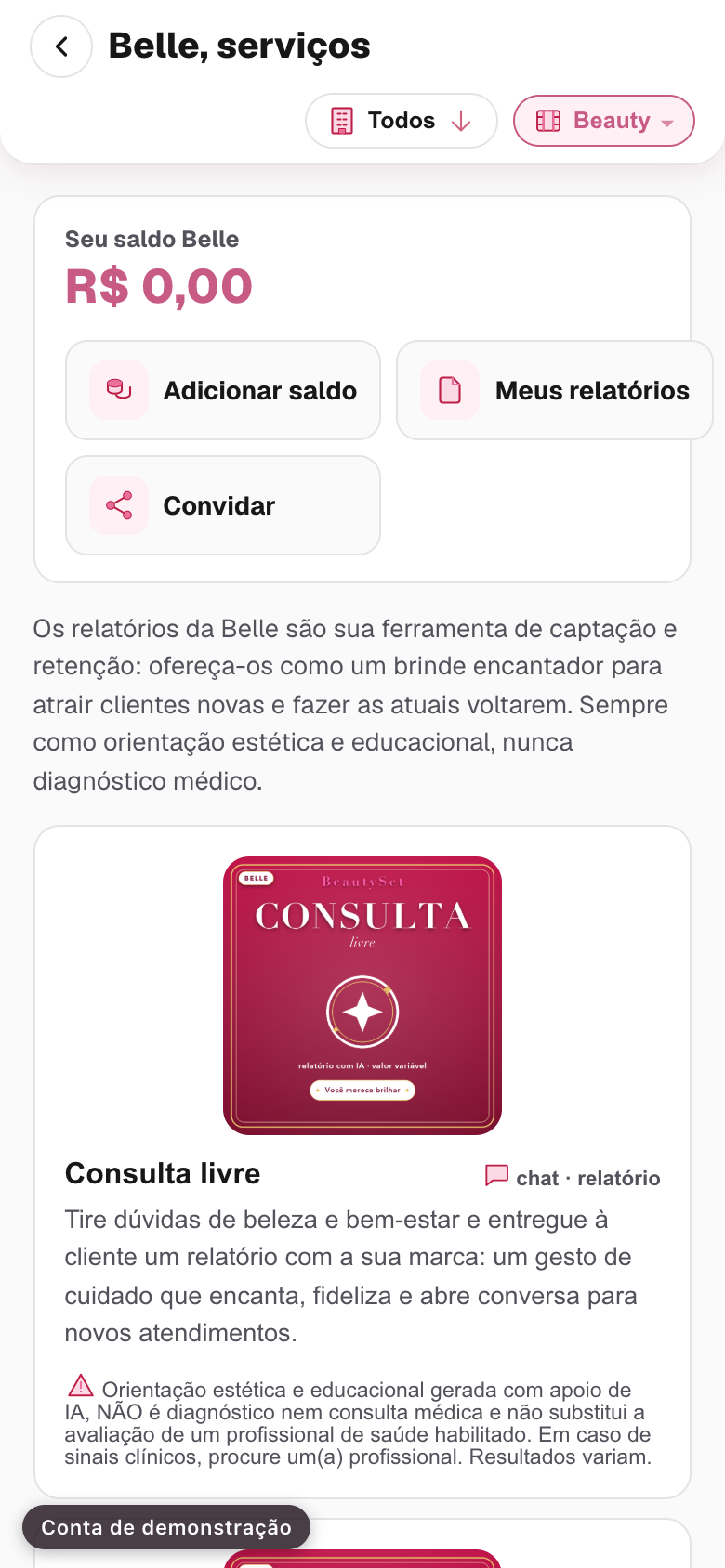 o catálogo das análises da Belle com o nome e a explicação de cada uma