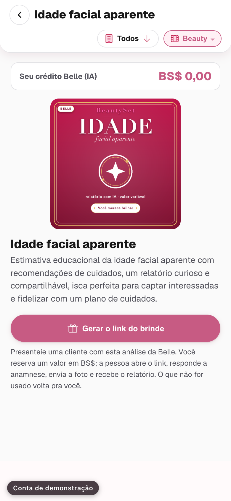 a tela de uma análise da Belle, com o botão de gerar o link do brinde