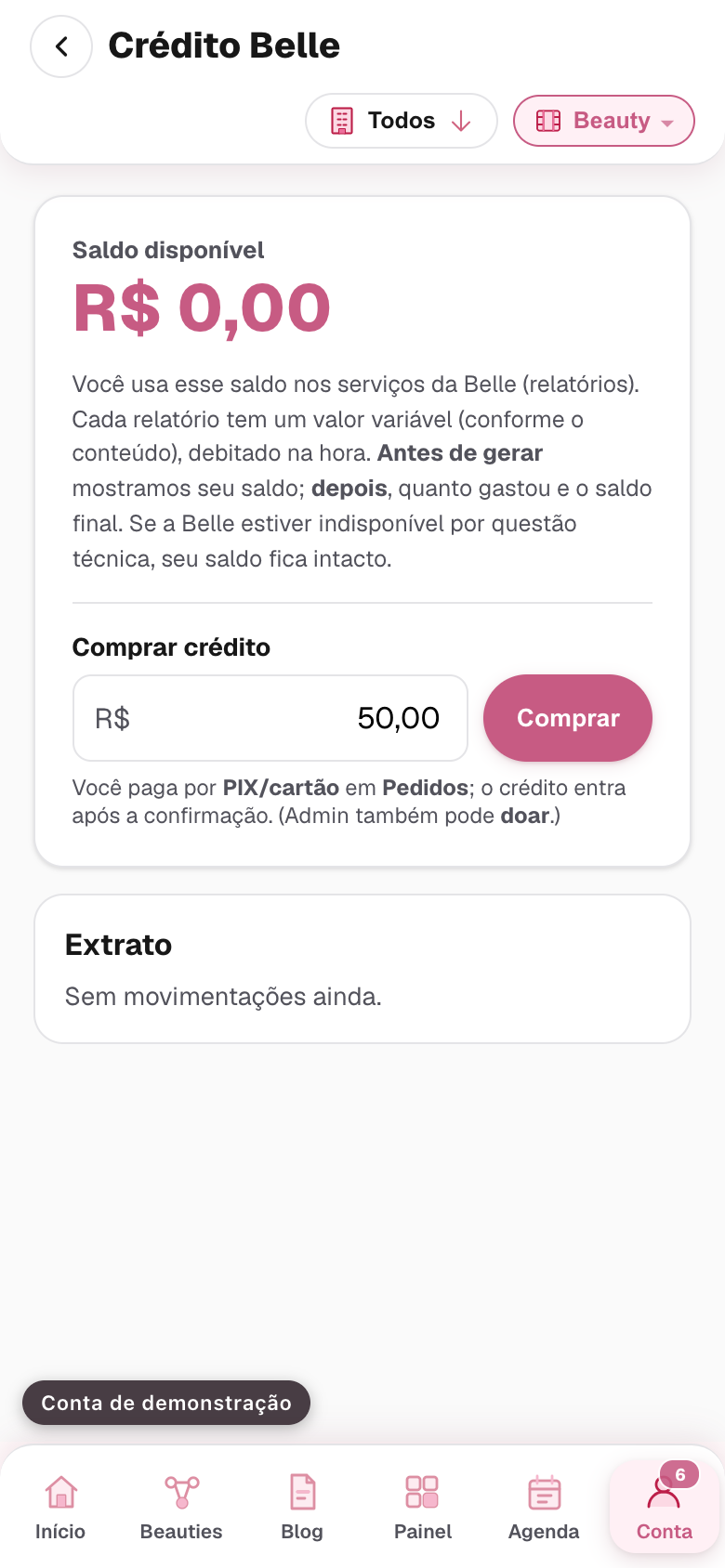 a tela do crédito Belle da profissional