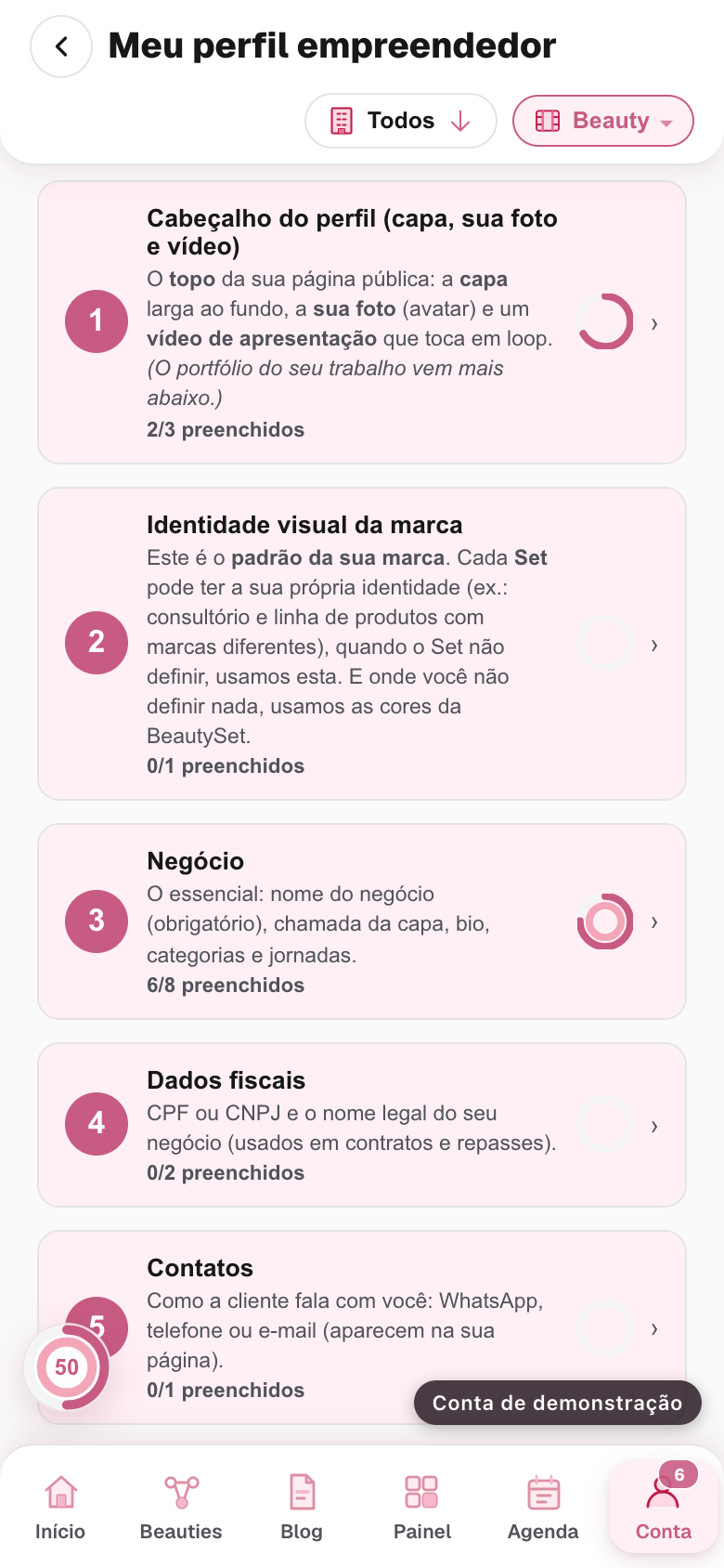 a tela com os blocos fechados, a bolinha numerada de cada um, o status do perfil e a rodinha de preenchimento no canto