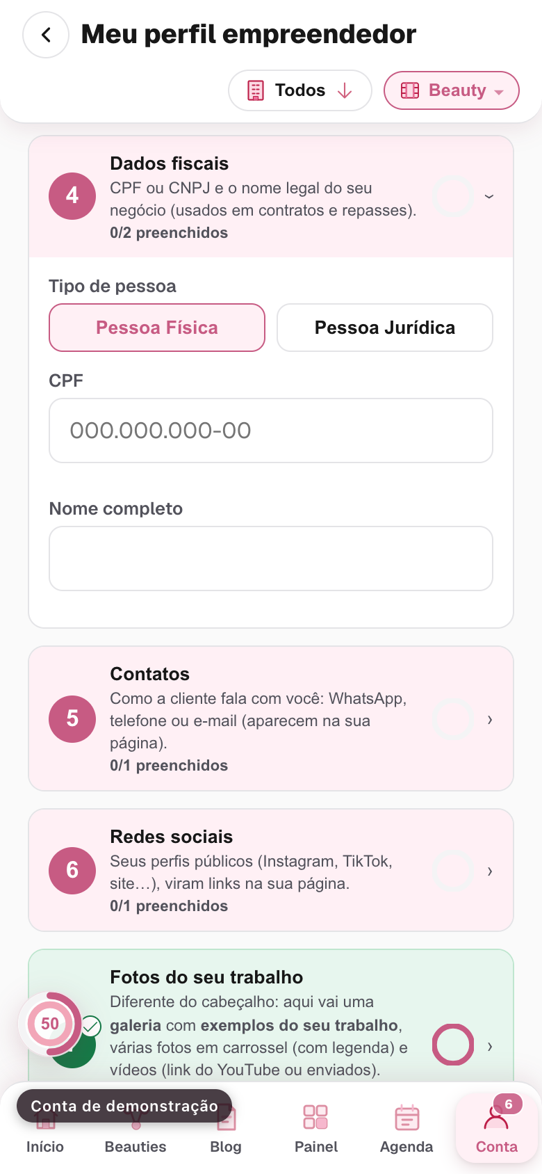 o bloco Dados fiscais aberto, com a escolha entre pessoa física e jurídica