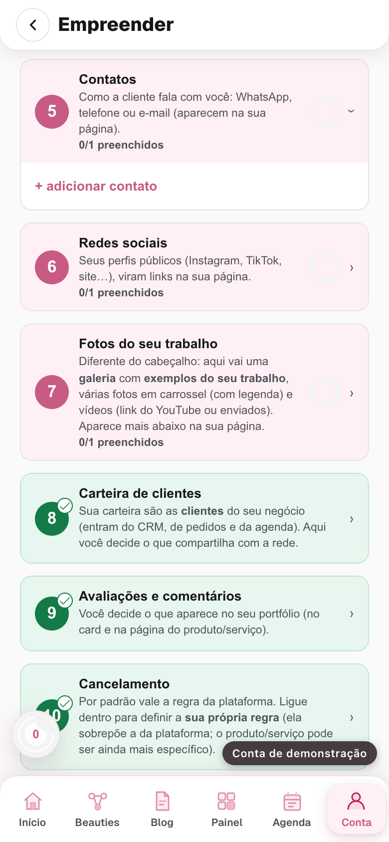 o bloco Contatos aberto, com uma linha preenchida e o botão de acrescentar contato