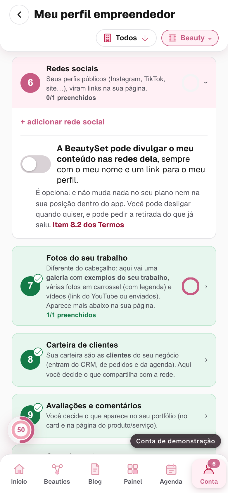 o bloco Redes sociais aberto, com uma rede preenchida e a autorização de divulgação