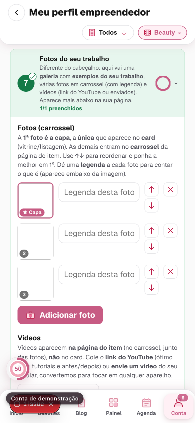 o bloco Fotos do seu trabalho aberto, com a galeria e a legenda de cada foto