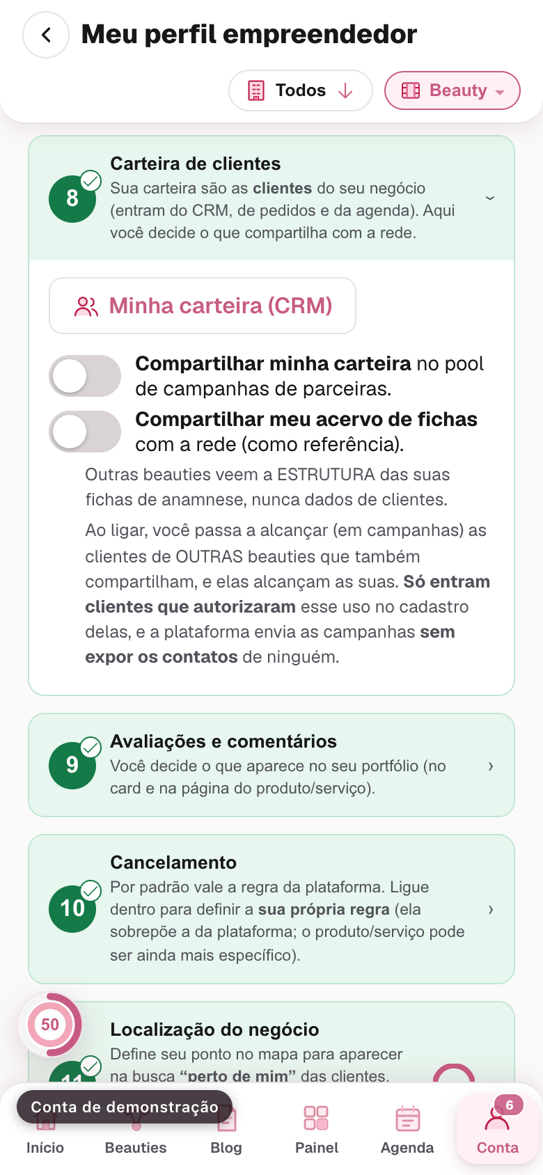 o bloco Carteira de clientes aberto, com os dois interruptores de compartilhar