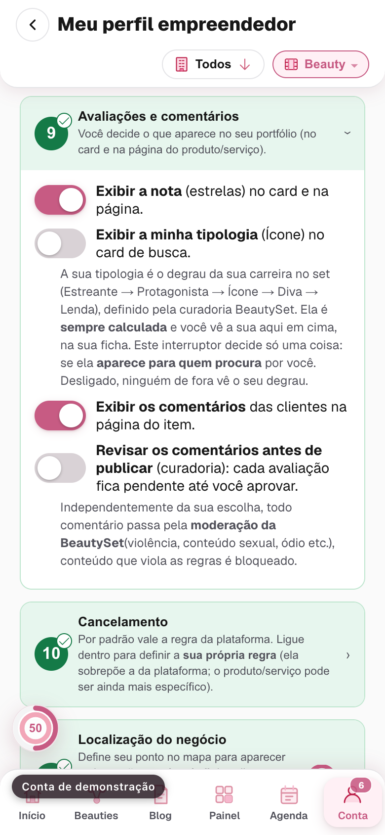 o bloco Avaliações e comentários aberto, com os quatro interruptores