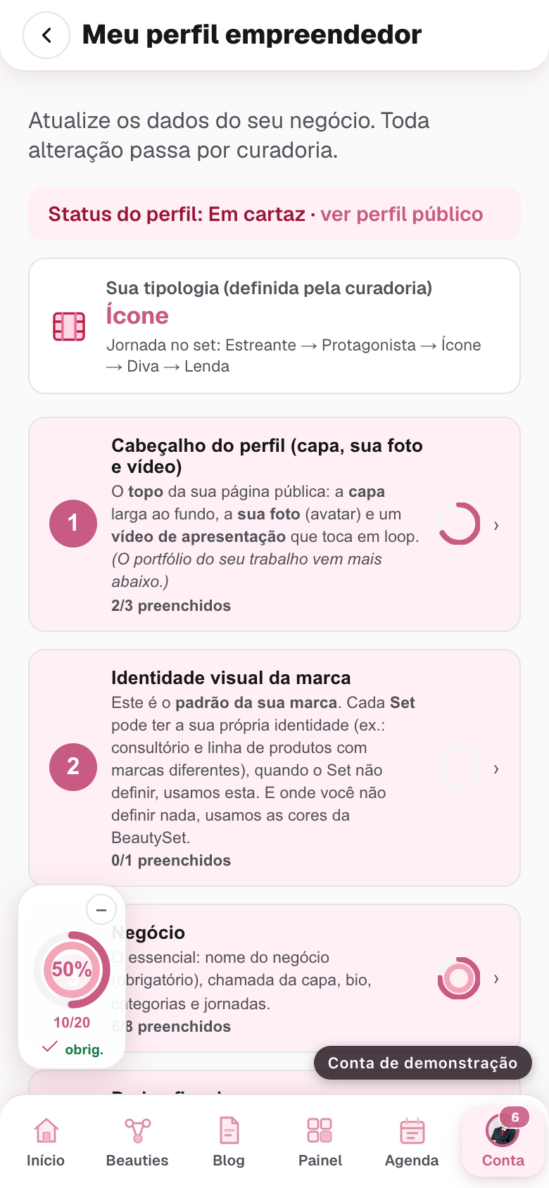 a tela com os blocos fechados, com a bolinha numerada de cada um e a rodinha de preenchimento no canto de baixo