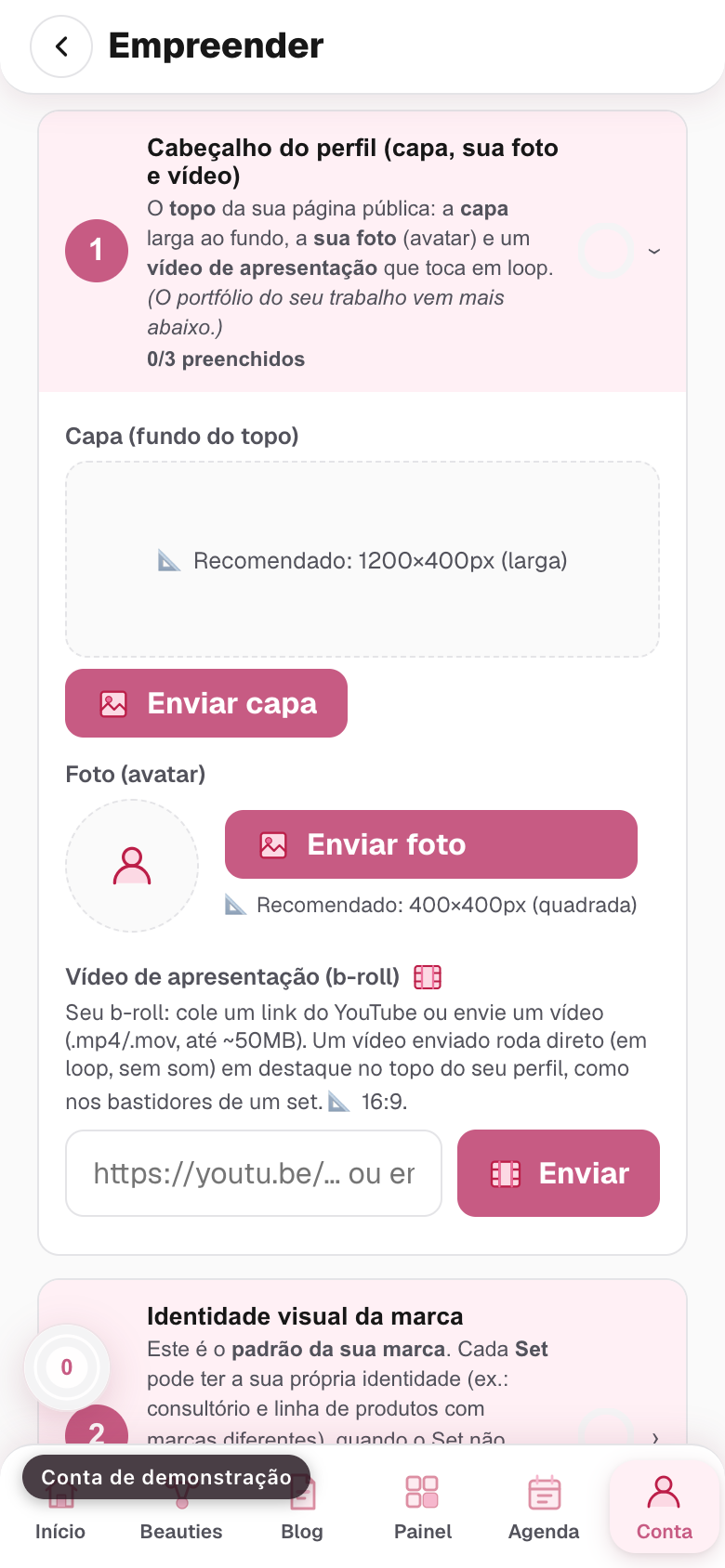 o bloco Cabeçalho do perfil aberto, com a capa larga já enviada e o botão de trocar