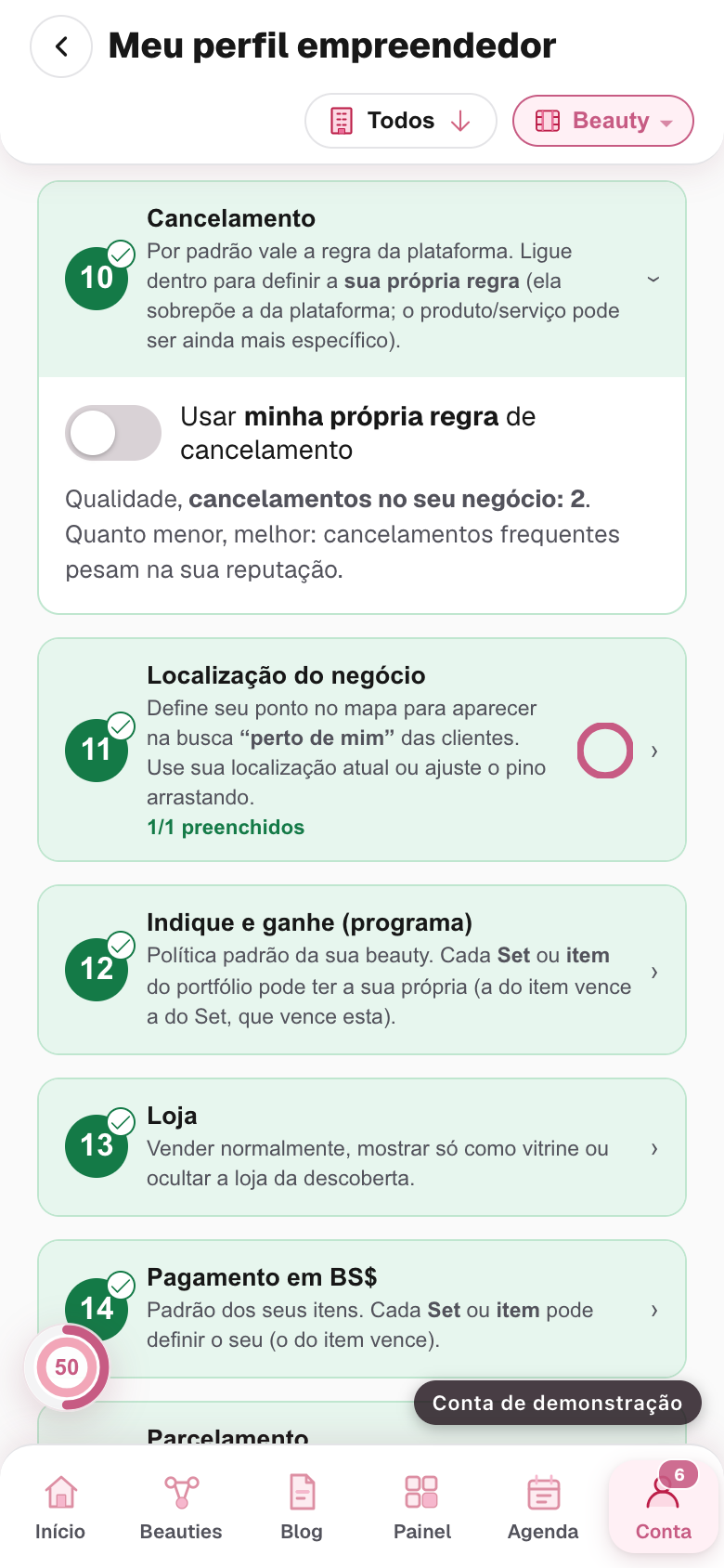 o bloco Cancelamento aberto, com o interruptor da regra própria