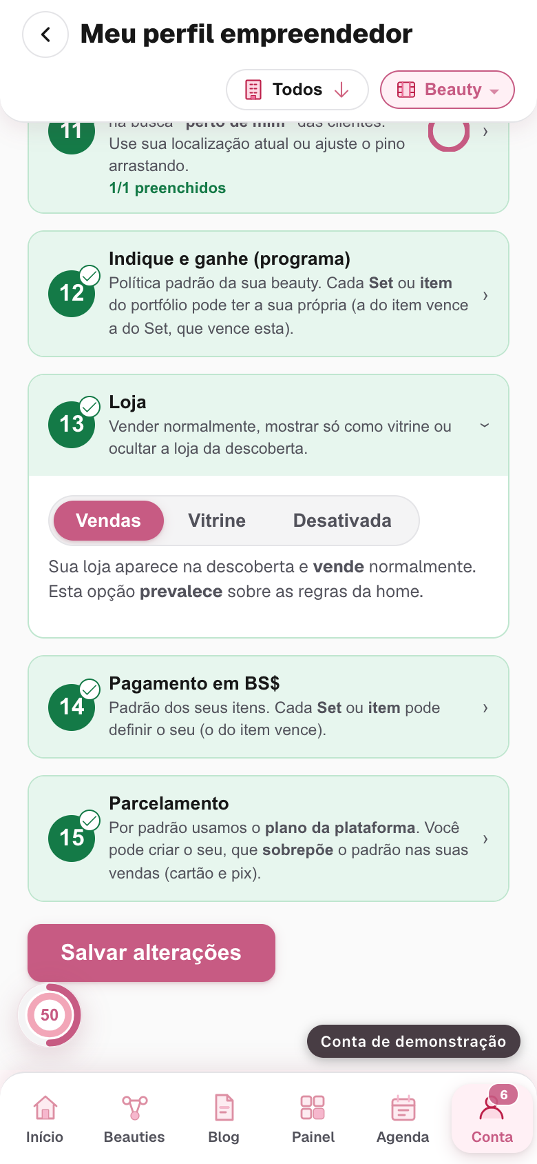 o bloco Loja aberto, com a escolha entre Vendas, Vitrine e Desativada