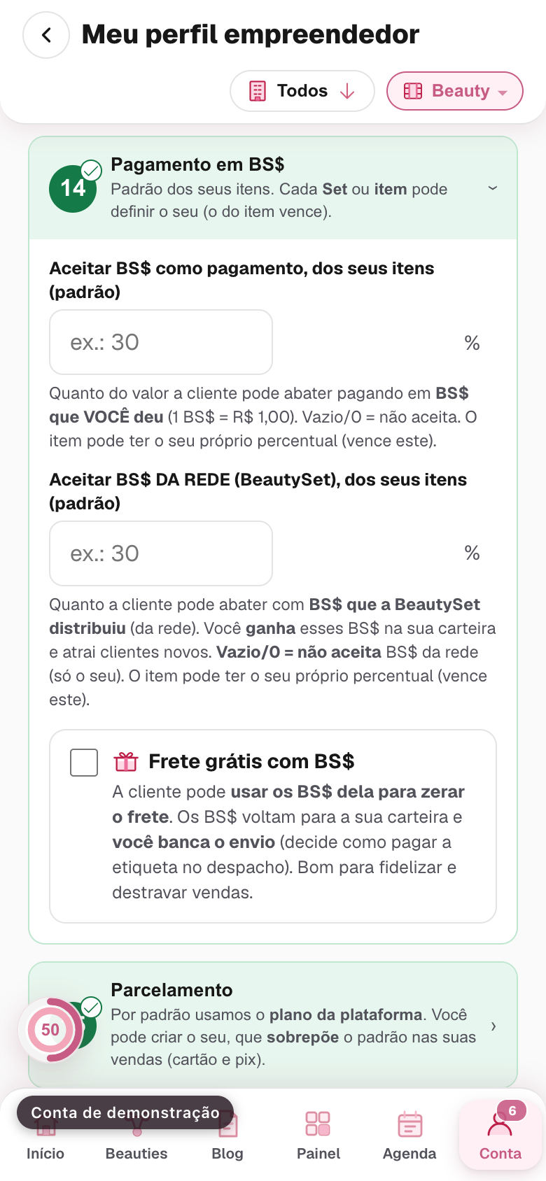 o bloco Pagamento em BS$ aberto, com os dois limites e o frete grátis