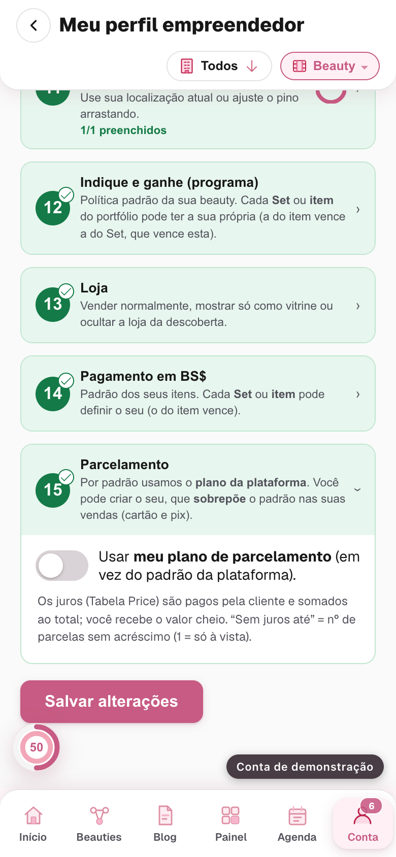 o bloco Parcelamento aberto, com o interruptor do plano próprio