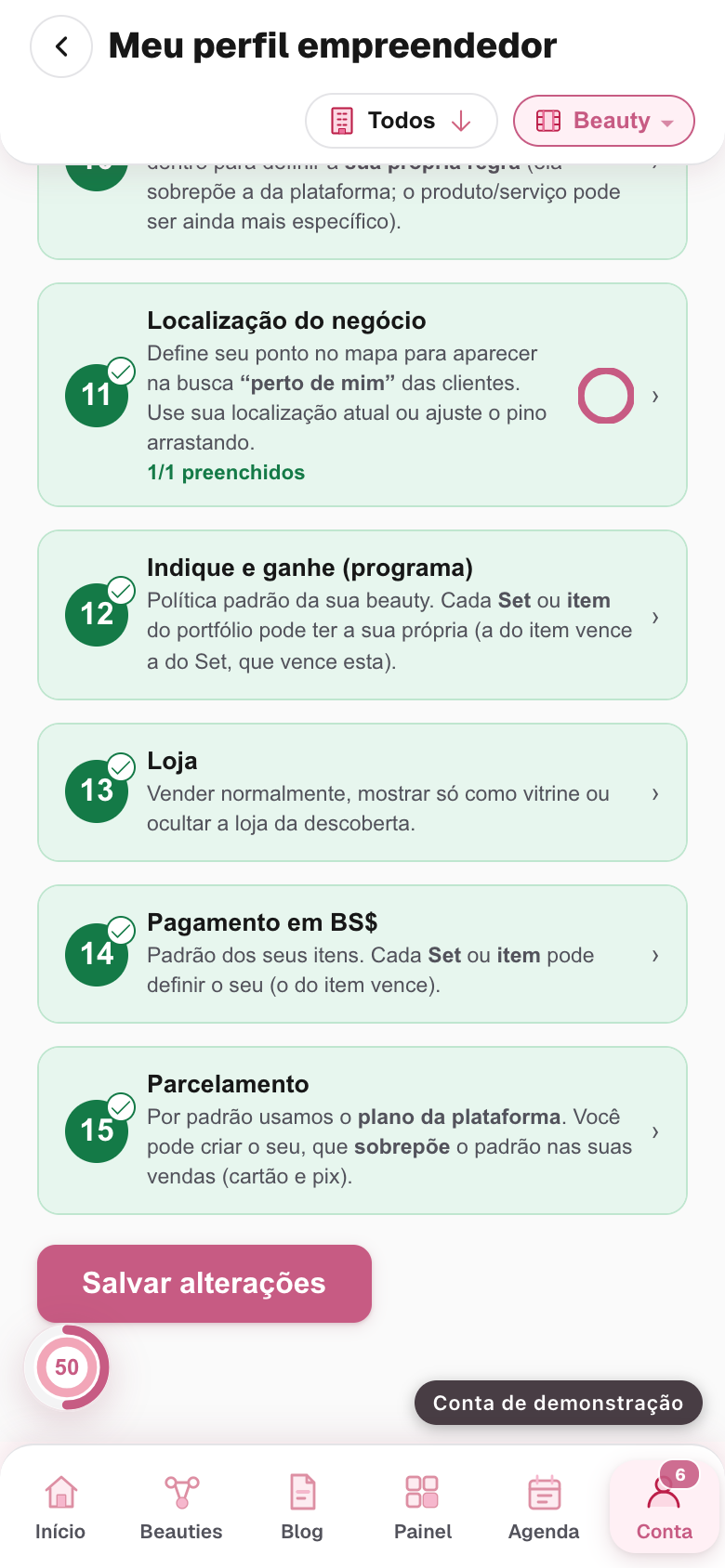 o fim da tela, com o botão de criar o cadastro e o aviso de salvo ao lado