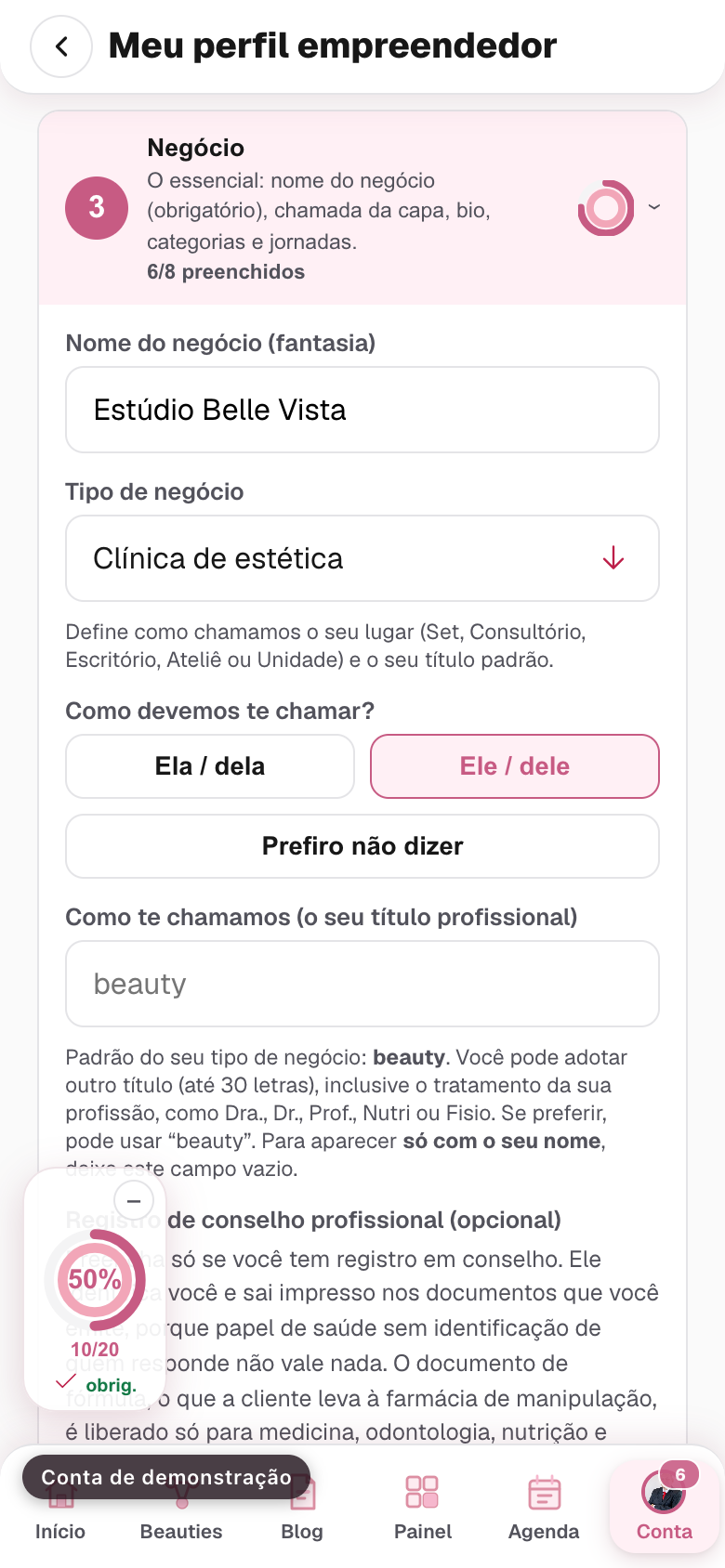 o bloco Negócio aberto, com o nome do negócio preenchido e a bolinha da seção já verde