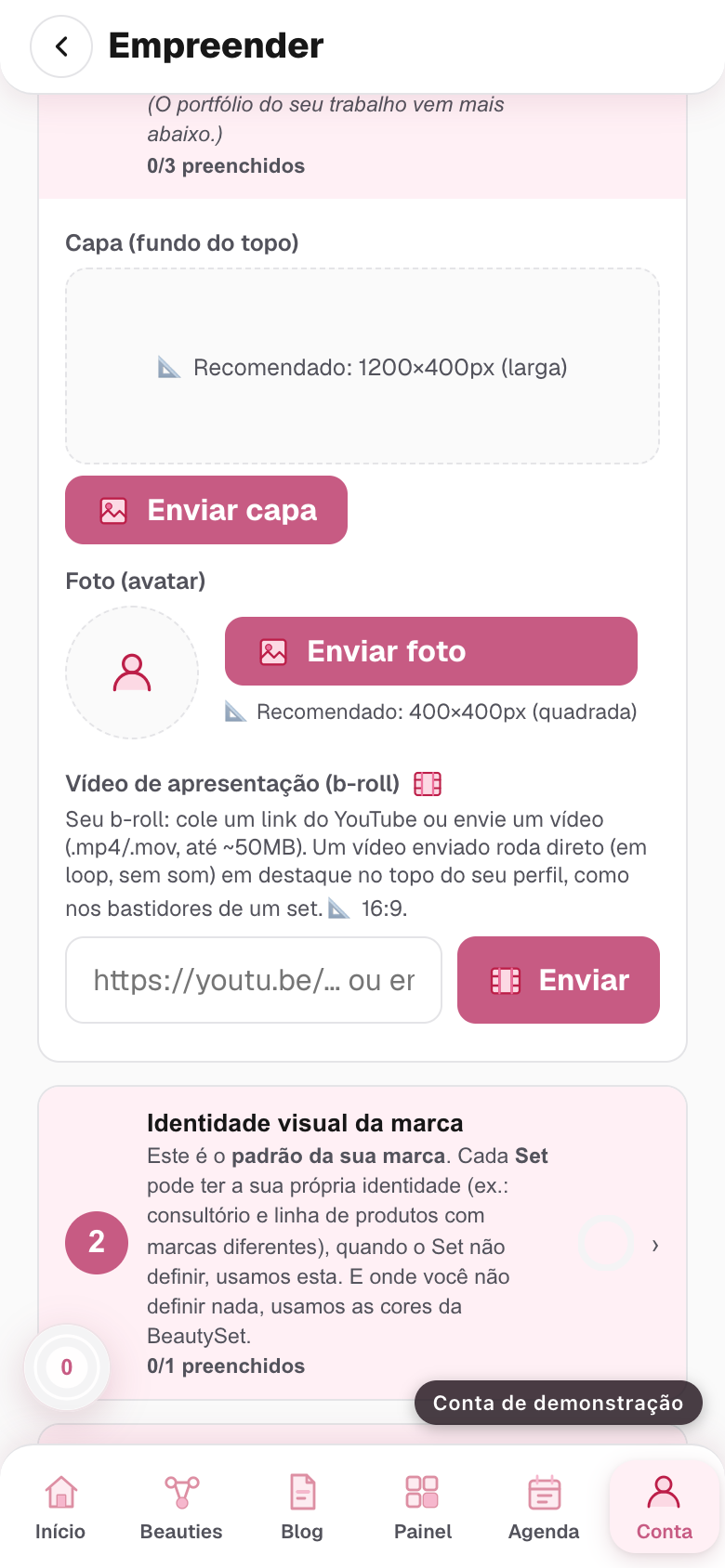a parte do bloco com a foto redonda enviada e o campo do vídeo de apresentação