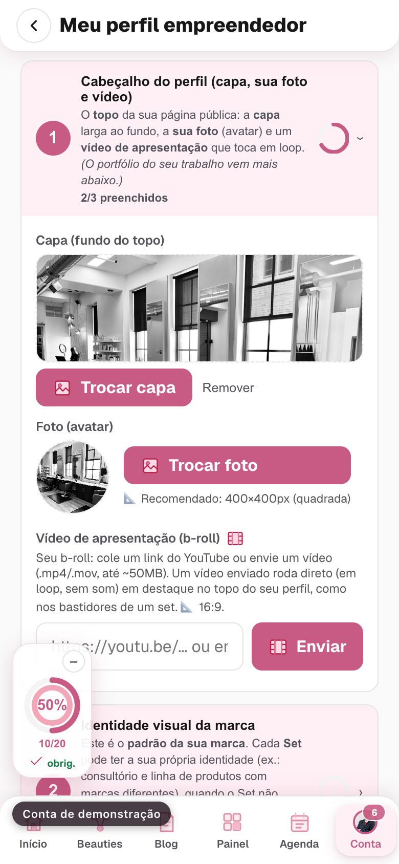 o bloco Cabeçalho do perfil aberto, com a capa larga e a foto redonda já enviadas