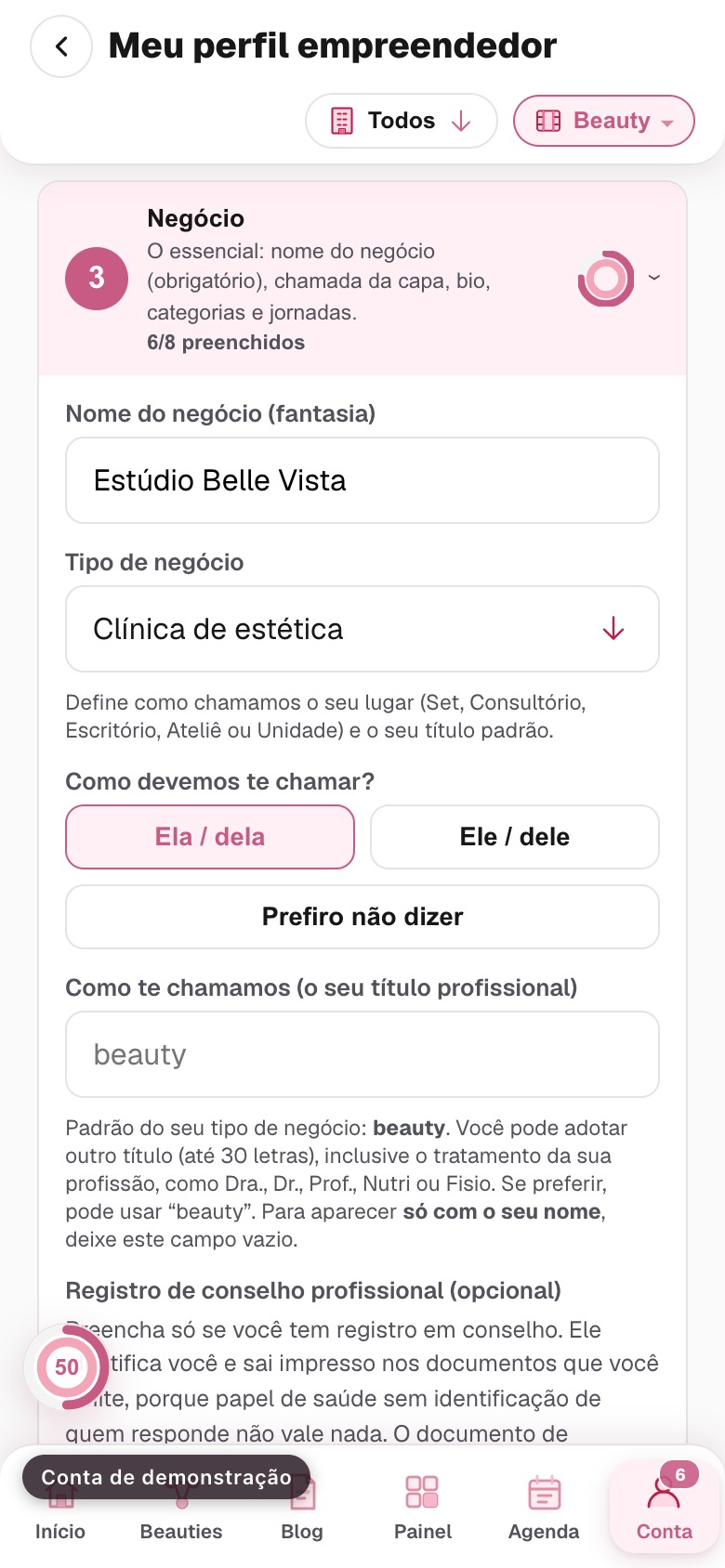 o bloco Negócio aberto no topo, com o nome do negócio preenchido e a bolinha da seção já verde