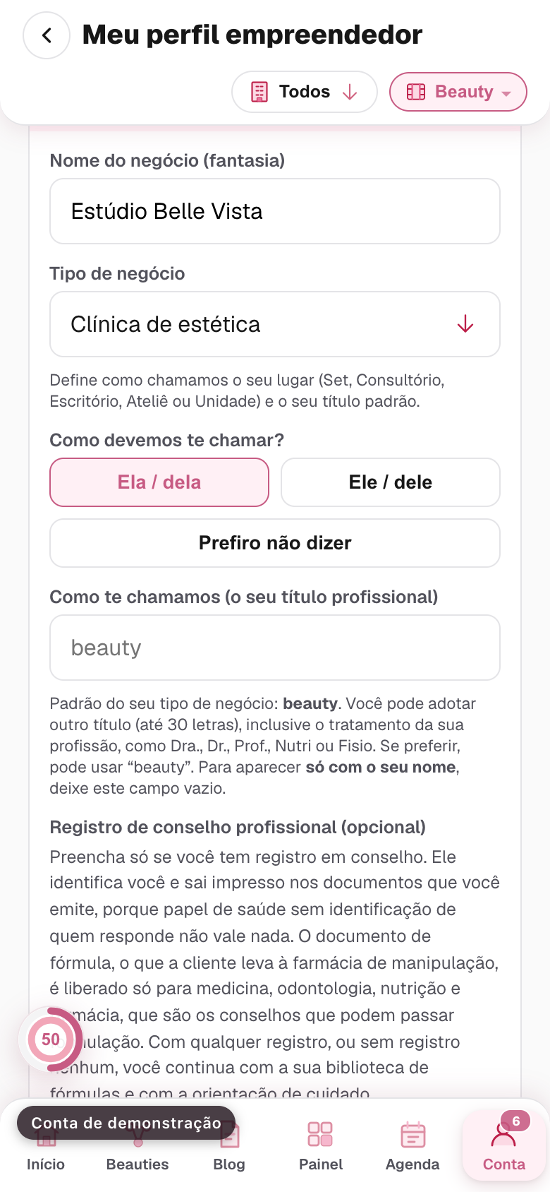 os campos de tipo de negócio, tratamento e título profissional preenchidos