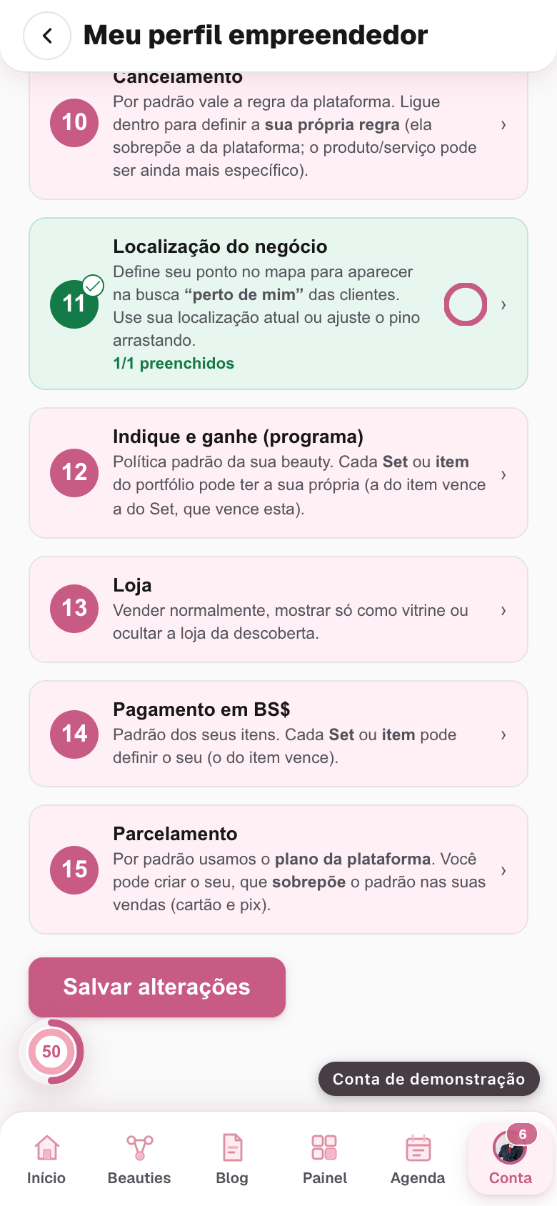 o fim da tela, com o botão Criar meu cadastro e o aviso de salvo ao lado