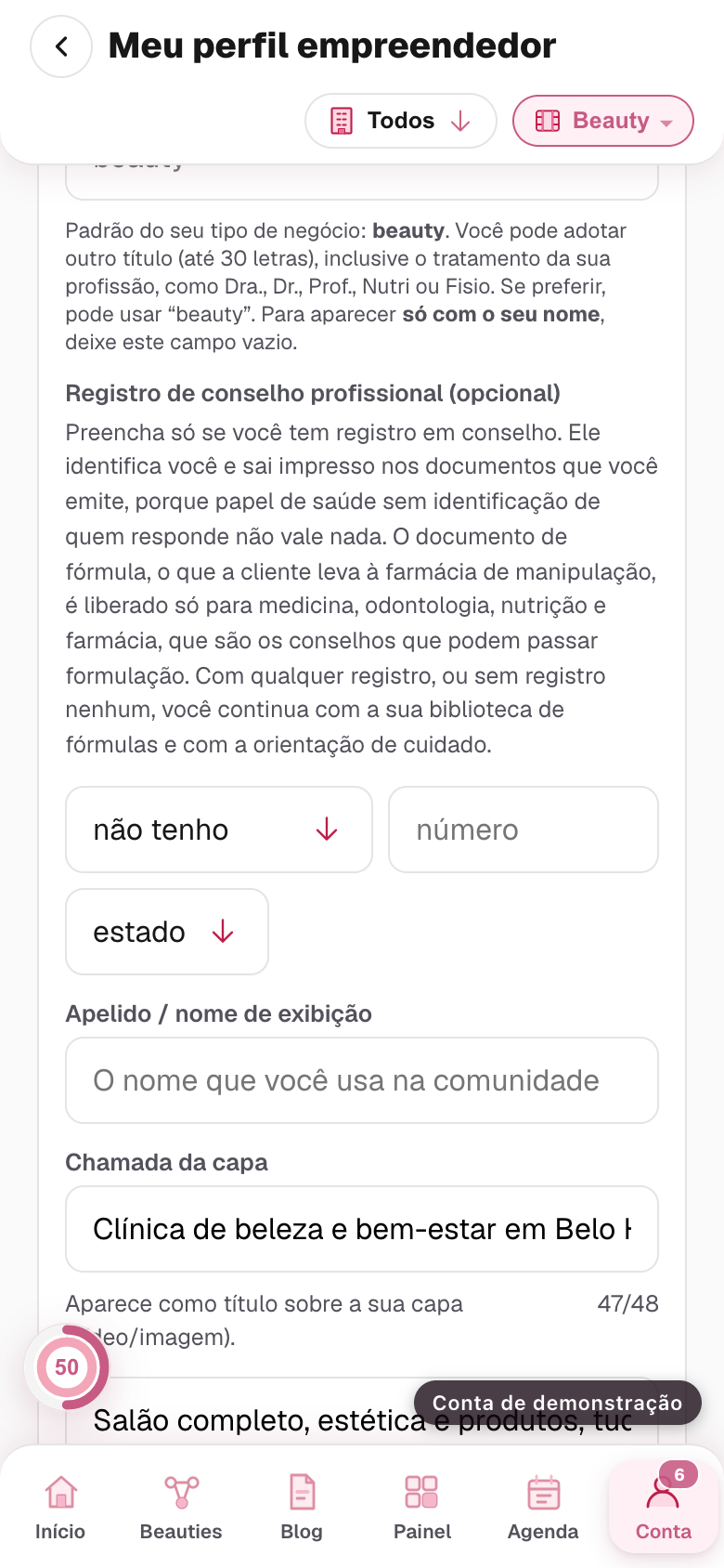 os campos da chamada da capa e da sub-chamada, com o contador de letras e o interruptor de mostrar sobre a capa