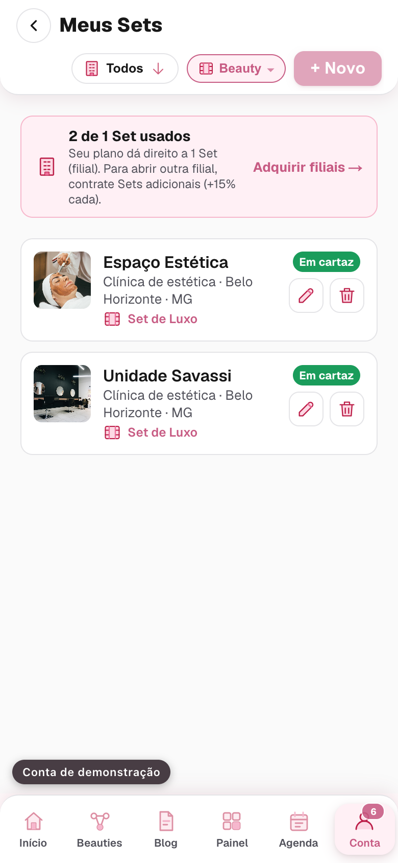 a lista de Sets com o contador do plano e o botão de novo