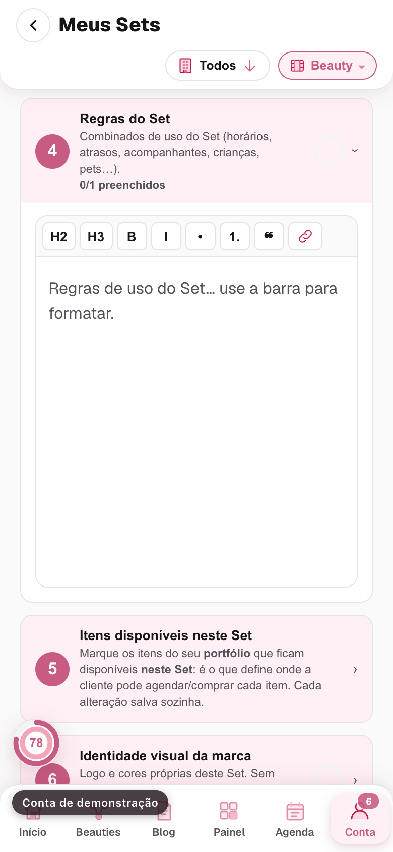 o bloco Regras do Set aberto, com o campo de texto