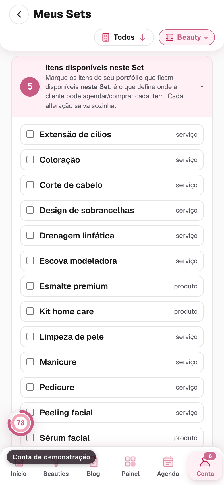 o bloco Itens disponíveis neste Set, com a lista de itens do portfólio