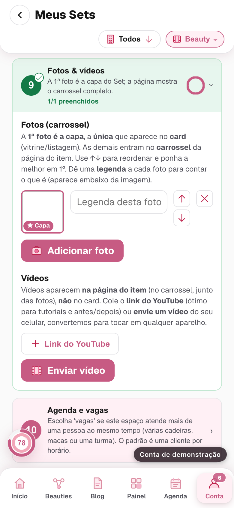 o bloco Fotos e vídeos com fotos já enviadas e a primeira marcada como capa