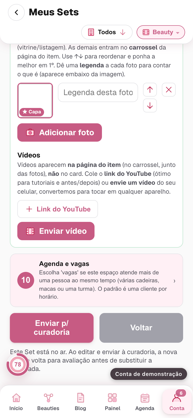 a parte do bloco de mídia com o link do YouTube e o envio de vídeo