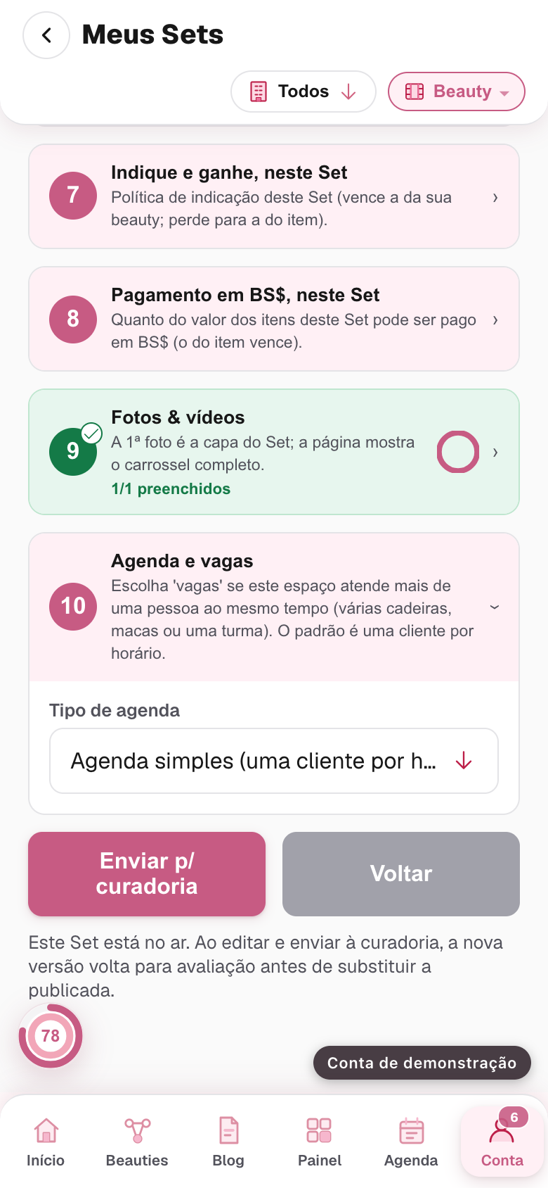 o bloco Agenda e vagas com a escolha entre agenda simples e agenda com vagas