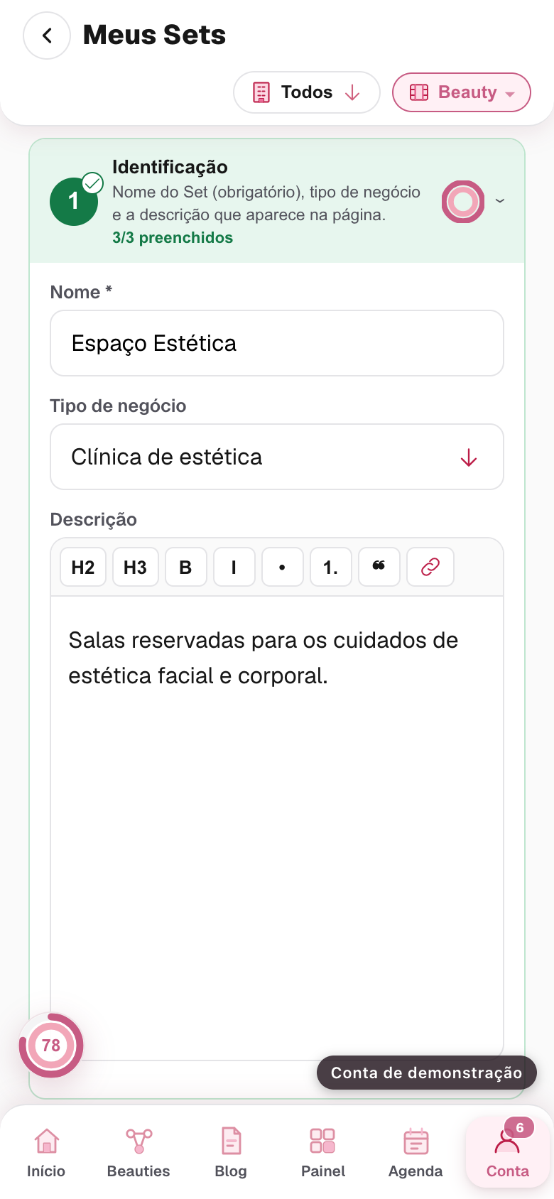 o bloco Identificação aberto com o nome do Set preenchido