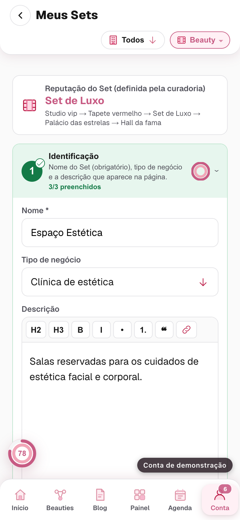 o campo de tipo de negócio aberto, com a lista de opções