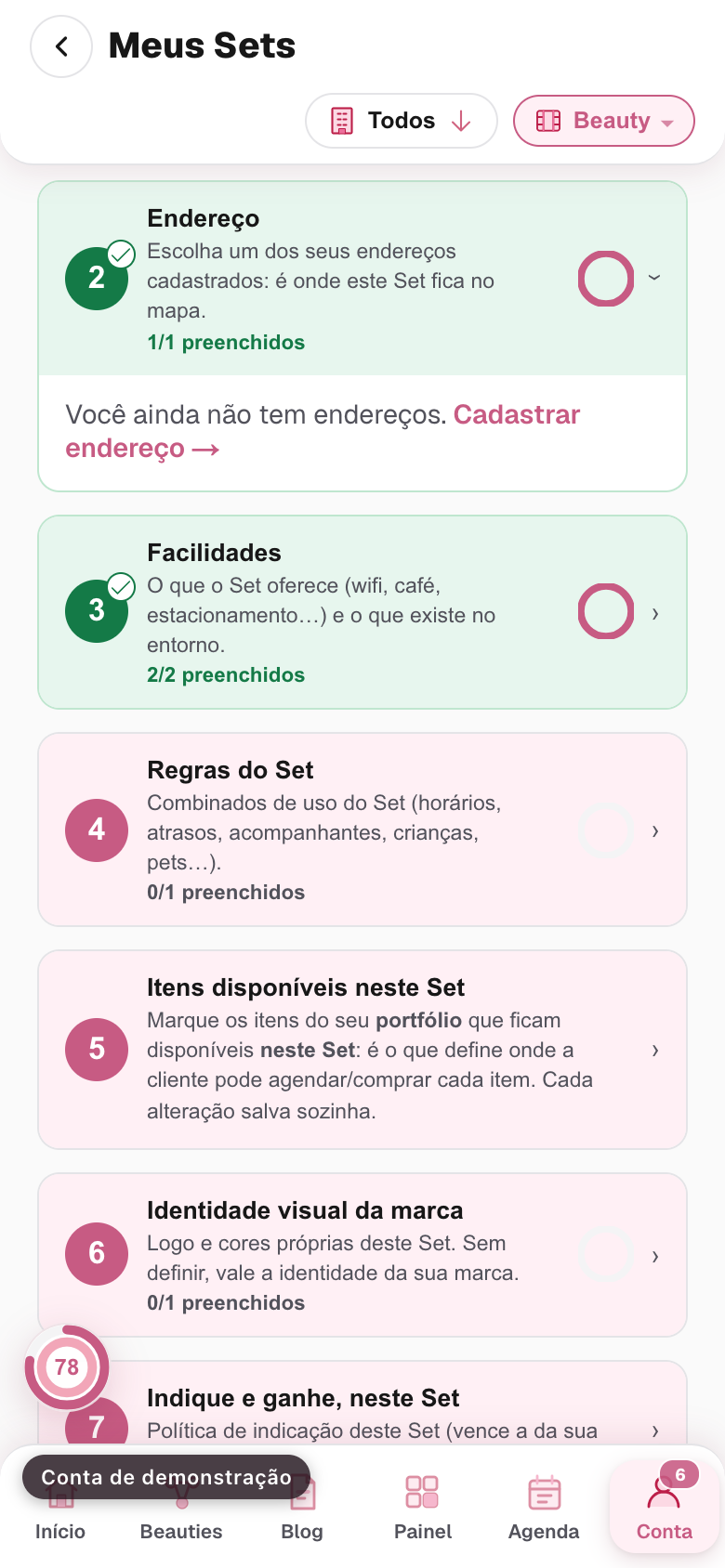 o bloco Endereço, com a lista de endereços para escolher