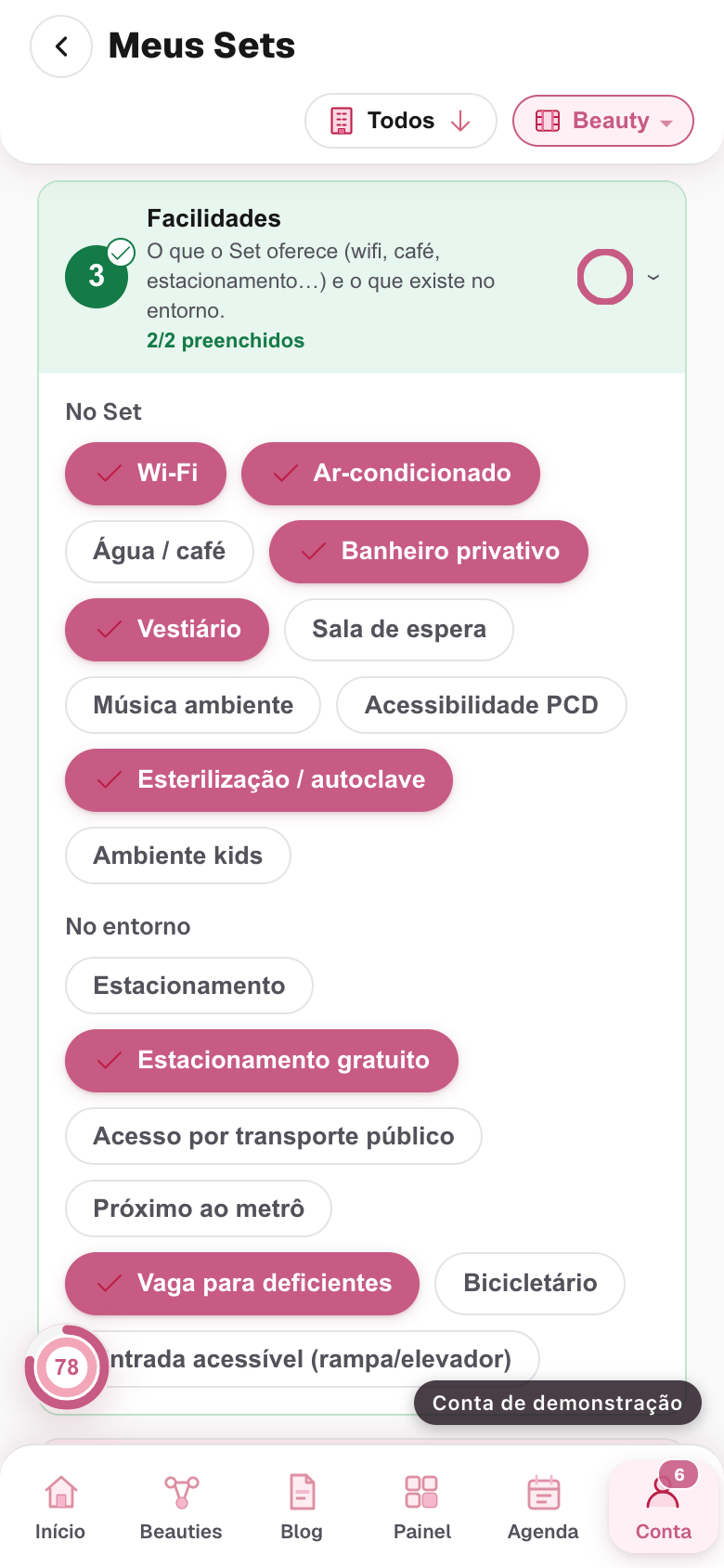 a fita de facilidades no Set, com algumas marcadas