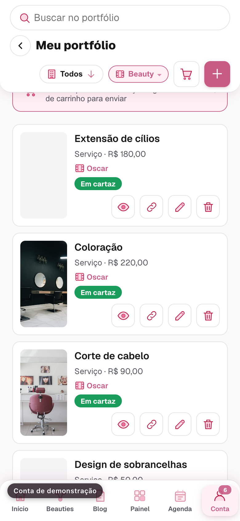 a lista do portfólio com os itens e o botão de novo
