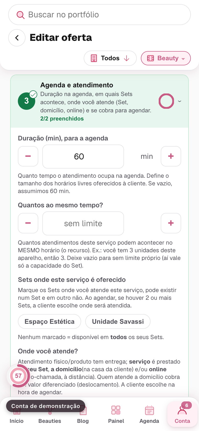 o campo de duração do serviço, em minutos