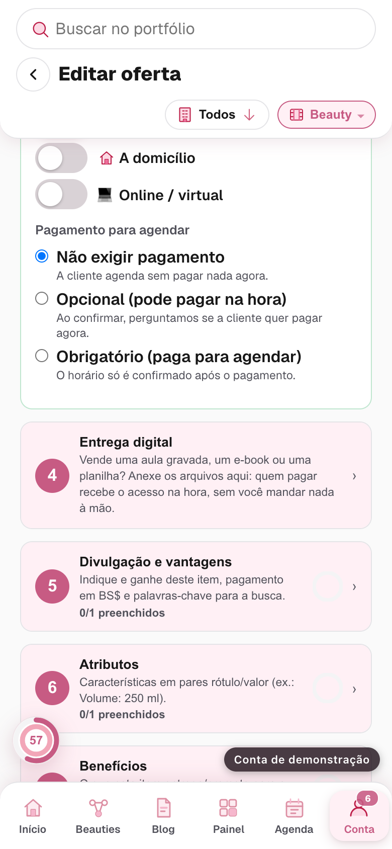 os interruptores de onde você atende, com os campos do atendimento a domicílio abertos
