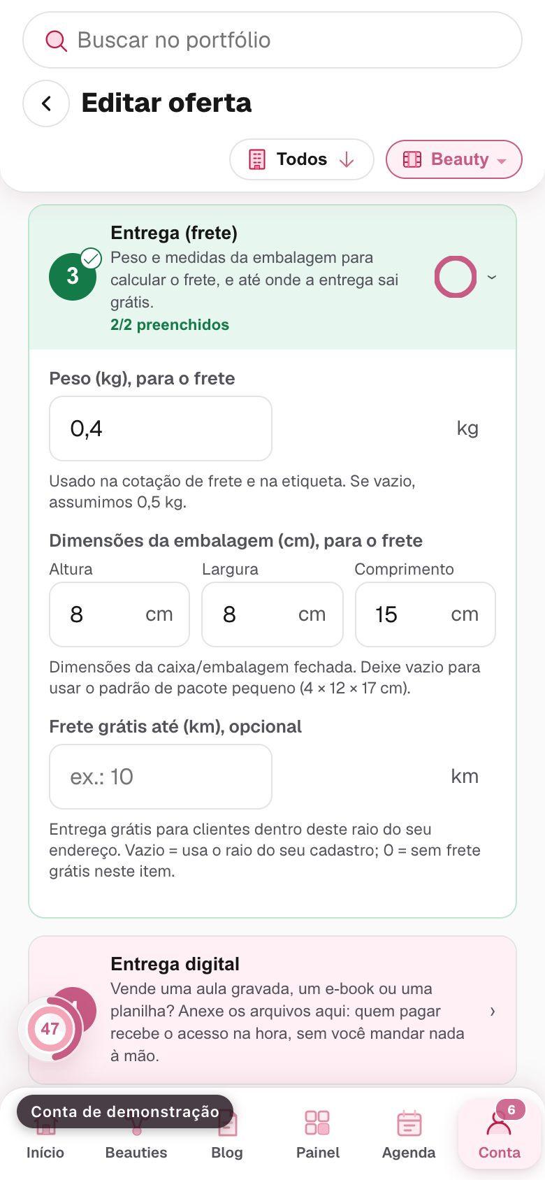 o bloco de entrega, com peso e dimensões da embalagem
