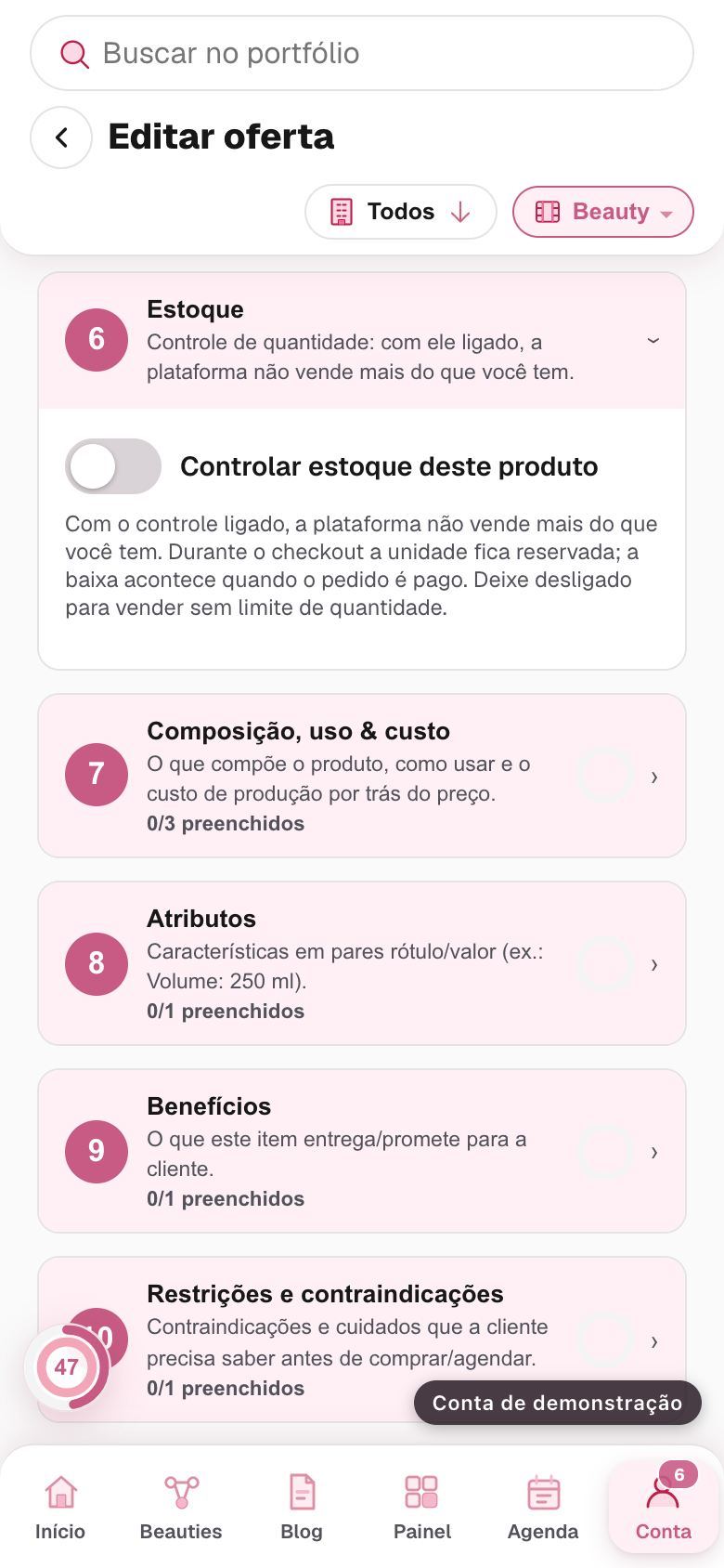 o bloco Estoque, com o interruptor e a quantidade