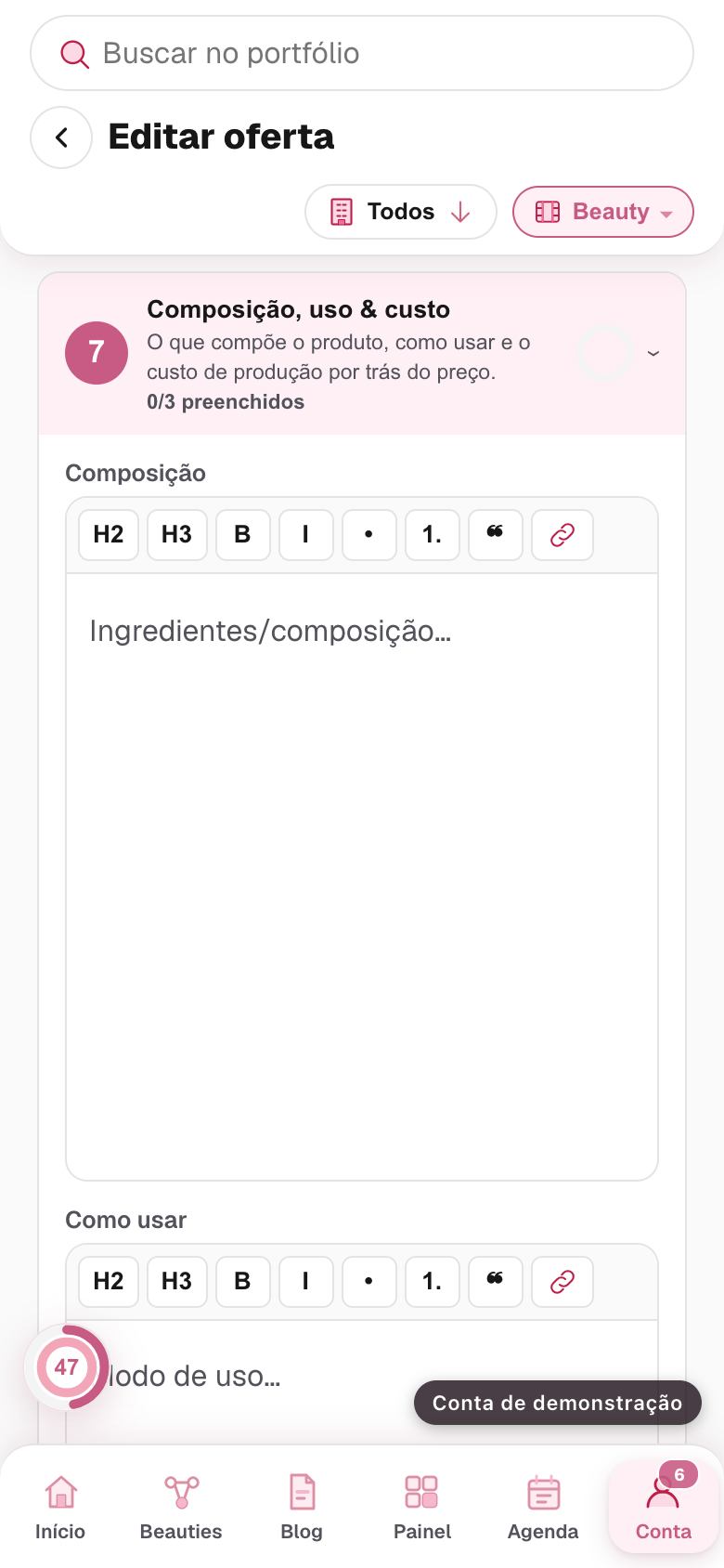 o bloco Composição, uso e custo