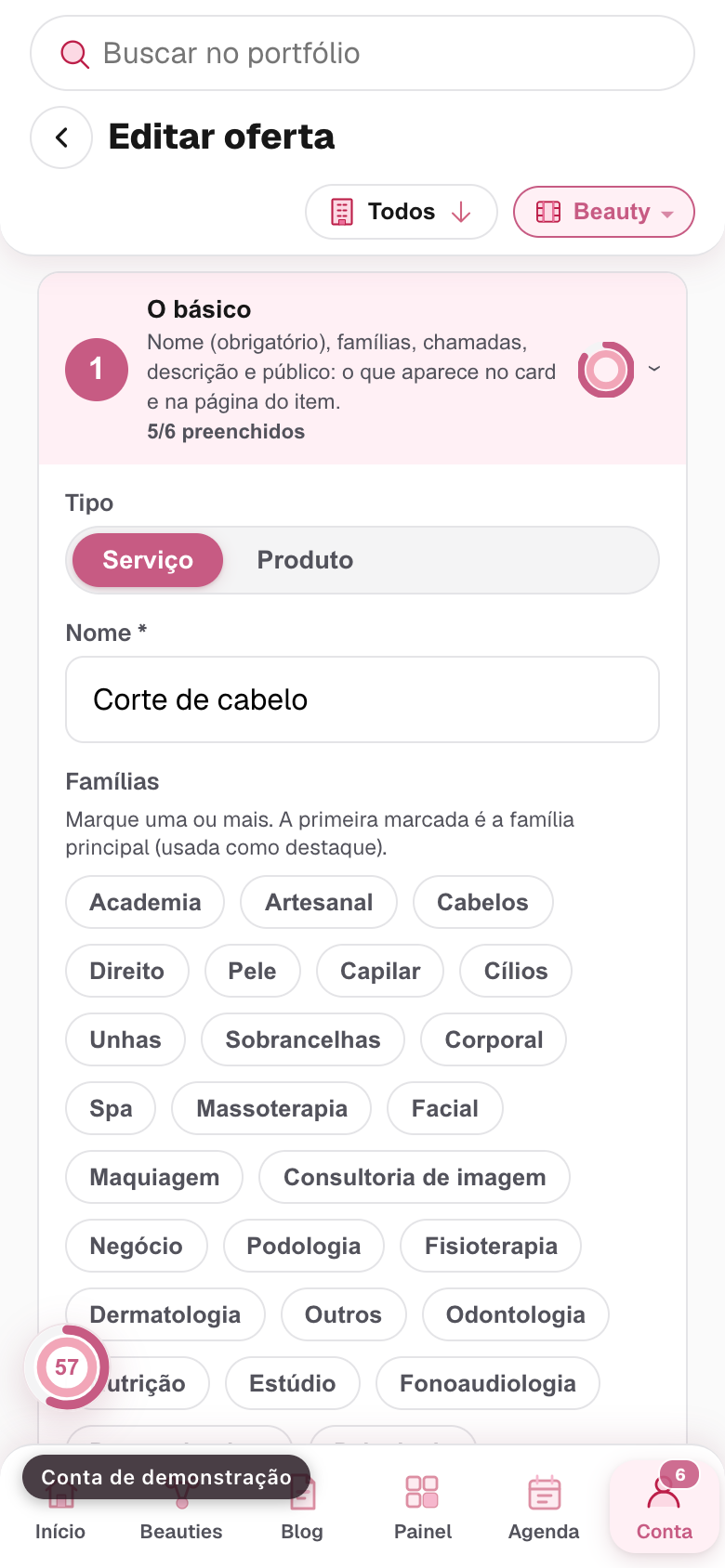 o bloco O básico aberto, com a escolha de tipo, o nome e as famílias