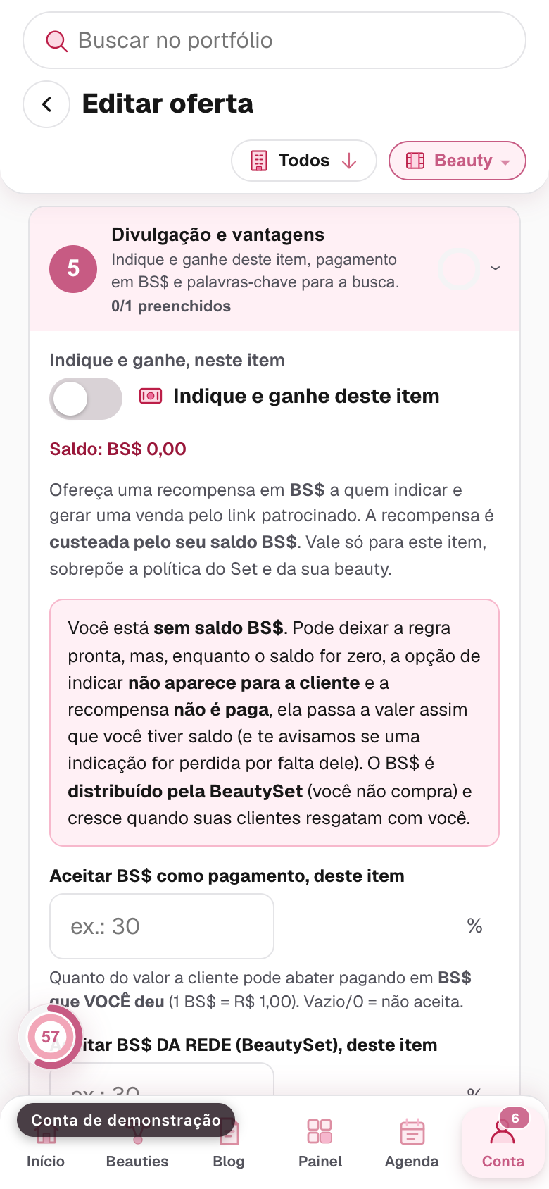 o bloco Divulgação e vantagens, com o Indique e ganhe e o BS$