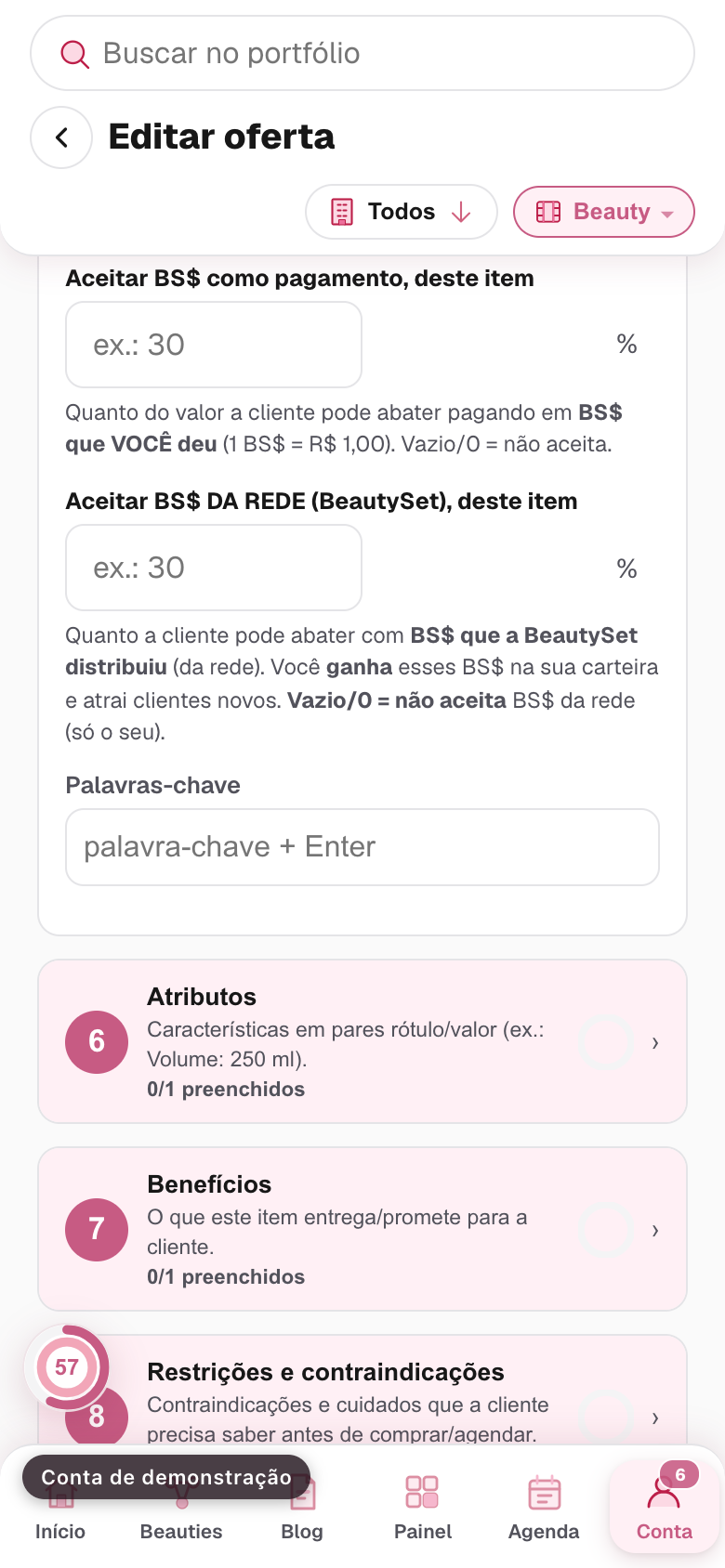 o campo de palavras-chave, com etiquetas já criadas