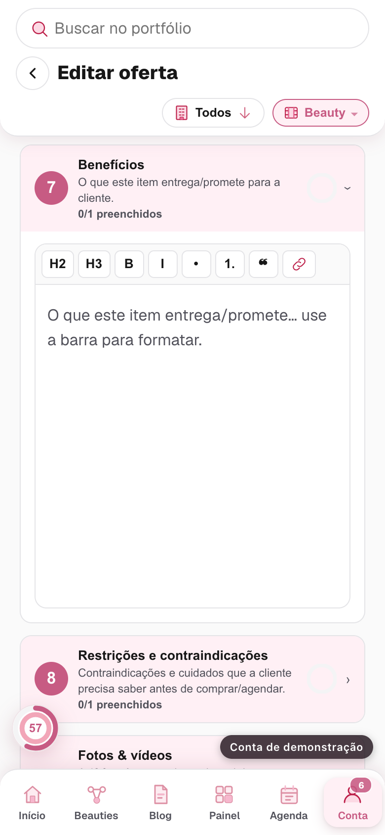 o bloco Benefícios