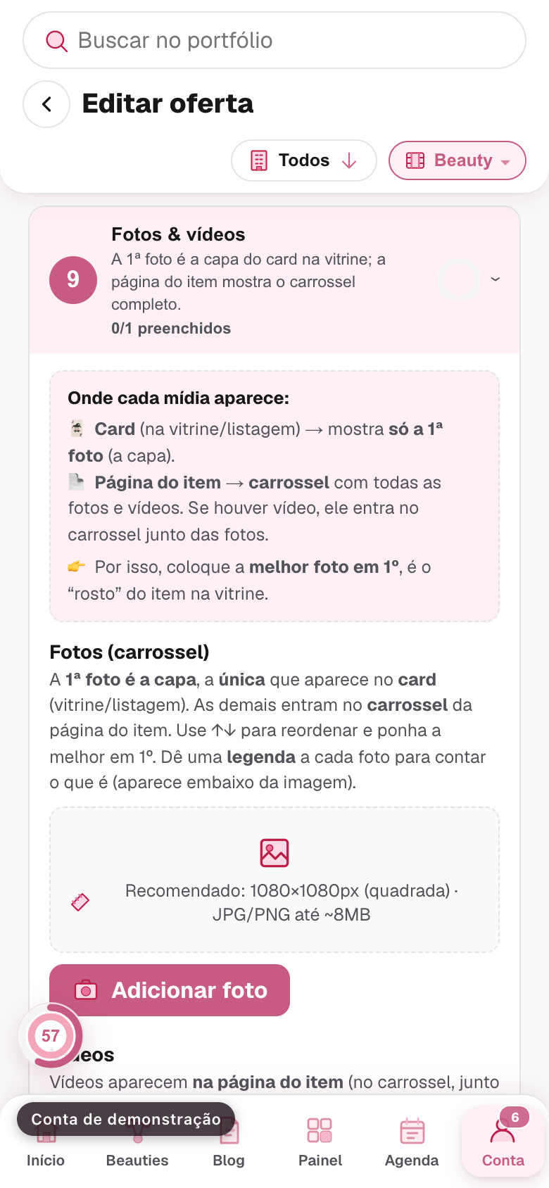 o bloco Fotos e vídeos do item, com o lugar de enviar a primeira foto e a explicação de onde cada mídia aparece
