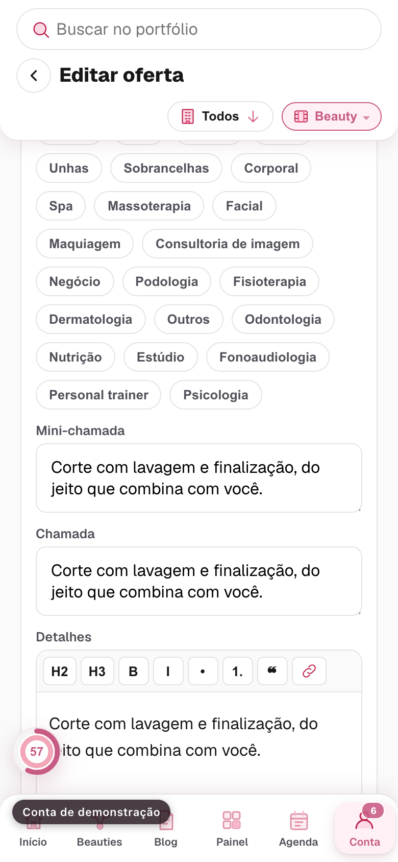 os campos de mini-chamada e chamada, com o contador de letras